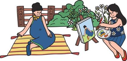 Young woman sitting and drawing in the park illustration in doodle style vector