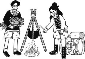 Tourists making fires for camping illustration in doodle style vector