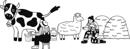 Farmers are milking cows and feeding sheep illustration in doodle style vector