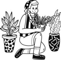 Young woman planting plants in pots illustration in doodle style vector