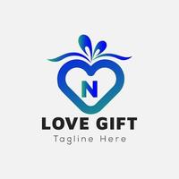 Love Gift Logo On Letter N Template. Gift On N Letter, Initial Gift Sign Concept vector