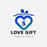 Love Gift Logo On Letter 5 Template. Gift On 5 Letter, Initial Gift Sign Concept vector