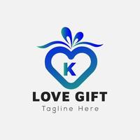 Love Gift Logo On Letter K Template. Gift On K Letter, Initial Gift Sign Concept vector
