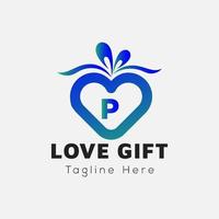 Love Gift Logo On Letter P Template. Gift On P Letter, Initial Gift Sign Concept vector