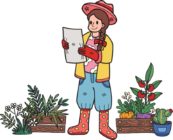 Female gardener planning to plant a tree illustration in doodle style png