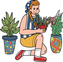 Young woman planting plants in pots illustration in doodle style png