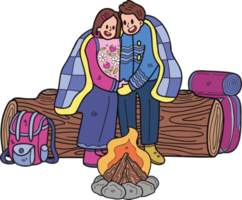 couple avec feu de camp illustration dans griffonnage style png