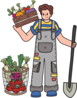 gardener planting vegetables illustration in doodle style png