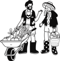 Gardener with a cart with vegetables illustration in doodle style png