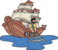 Fishermen are catching fish in the sea illustration in doodle style png