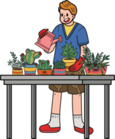 Young males watering plants in pots illustration in doodle style png