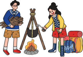 Tourists making fires for camping illustration in doodle style png