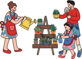 Family helping to care for the plants in pots illustration in doodle style png