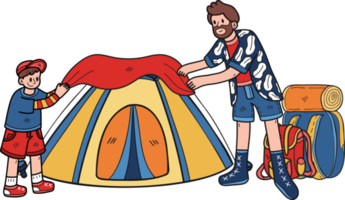 family helping to set up a tent for camping illustration in doodle style png