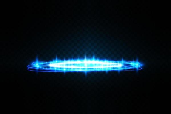 Magic portals on the night scene. Blue round holograms with rays of light and sparkles. Glowing futuristic teleport tunnel with copy space