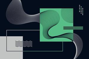 Abstract geometric composition with green line square shapes with subtle twisted lines on decorative black background vector
