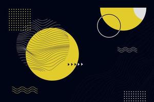 Abstract geometric composition with yellow circle shapes, wavy lines, and dots on black background design for card, banner, flyer vector