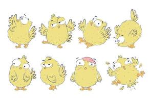 Clipart collection of funny cartoon chickens in doodle sketch style. Hand drawn cute chicken set. vector