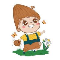 A child with a mushroom hat walks cheerfully with a basket in a clearing. Fairytale cartoon cheerful character vector