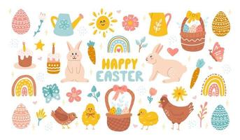 Cute set of Easter design elements with rabbit, eggs, flowers. Vector flat hand drawn illustration is perfect for greeting cards, posters