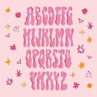 Funky rave groovy font from the 60s in psychedelic style. Vector modern cartoon alphabet