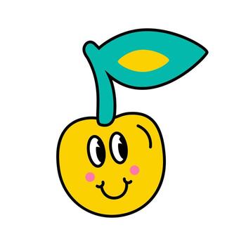 Funny cartoon character. Design element in retro style isolated on white background. Vector illustration of cherry with faces.