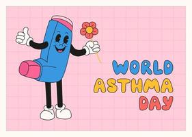 World Asthma Day banner template. Vector illustration of inhaler as cute retro cartoon character with flower. Bronchial asthma awareness sign.