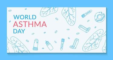 World Asthma Day banner template. Vector illustration of inhalers, medicine and lungs on white background. Bronchial asthma awareness sign.