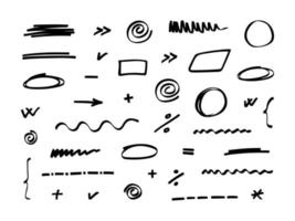 Set of hand drawn arrow, divider, circle, oval, math signs and frames. Underline and navigation symbols. Dotted and curvy lines. Vector illustration.