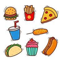 Set of fast food vector illustration in cute colorful doodle style
