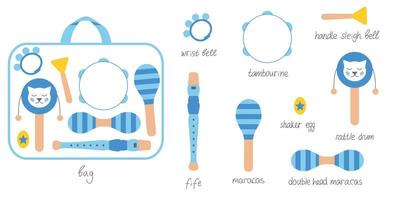 Hand drawn toy musical instruments for kids with bag. Flat vector illustration