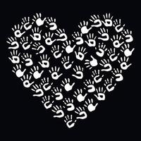 Flat vector painting tools in childish style. Hand drawn heart shaped frame of palm prints