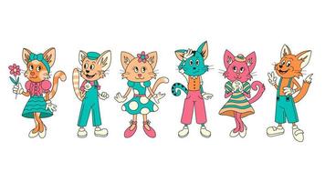 Cats Groovy Cartoon Characters Set vector