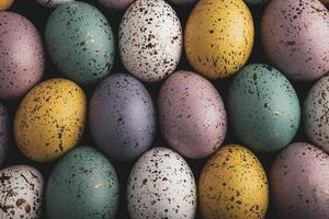 Pastel Easter eggs background. Spring greating card. Easter eggs in basket photo