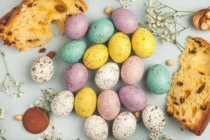 Pastel Easter eggs background. Spring greating card. Easter eggs in basket photo