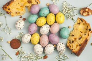 Pastel Easter eggs background. Spring greating card. Easter eggs in basket photo