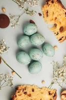 Pastel Easter eggs background. Spring greating card. Easter eggs in basket photo