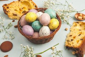 Pastel Easter eggs background. Spring greating card. Easter eggs in basket photo