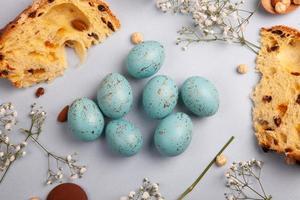 Pastel Easter eggs background. Spring greating card. Easter eggs in basket photo