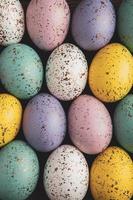 Pastel Easter eggs background. Spring greating card. Easter eggs in basket photo