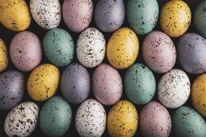 Pastel Easter eggs background. Spring greating card. Easter eggs in basket photo