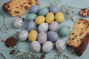 Pastel Easter eggs background. Spring greating card. Easter eggs in basket photo