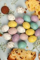 Pastel Easter eggs background. Spring greating card. Easter eggs in basket photo