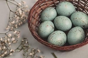 Pastel Easter eggs background. Spring greating card. Easter eggs in basket photo