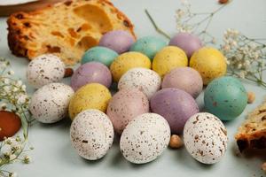 Pastel Easter eggs background. Spring greating card. Easter eggs in basket photo