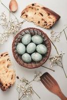 Pastel Easter eggs background. Spring greating card. Easter eggs in basket photo