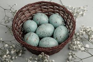 Pastel Easter eggs background. Spring greating card. Easter eggs in basket photo