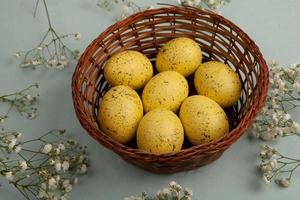 Pastel Easter eggs background. Spring greating card. Easter eggs in basket photo