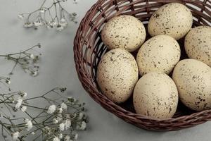 Pastel Easter eggs background. Spring greating card. Easter eggs in basket photo