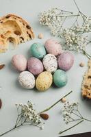 Pastel Easter eggs background. Spring greating card. Easter eggs in basket photo